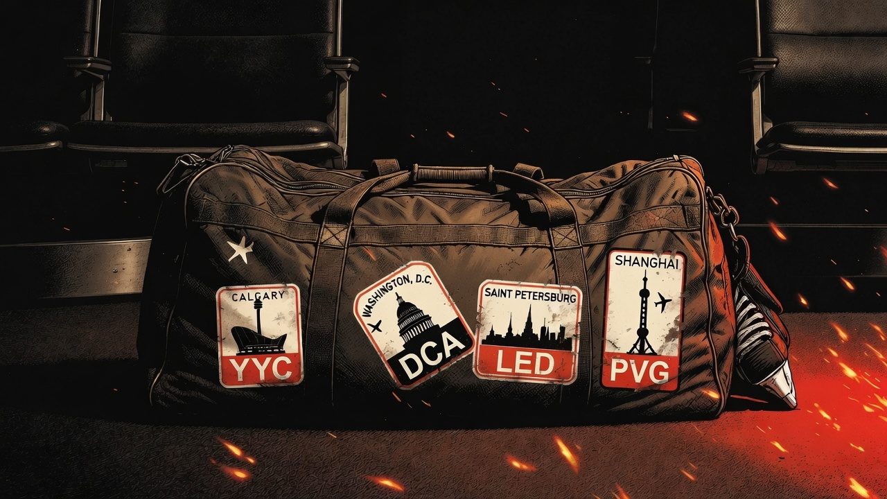 Illustration of a battered hockey duffel bag on an airport terminal floor, covered in travel stickers for Calgary, Washington D.C., Saint Petersburg and Shanghai, embers scattered across the floor.