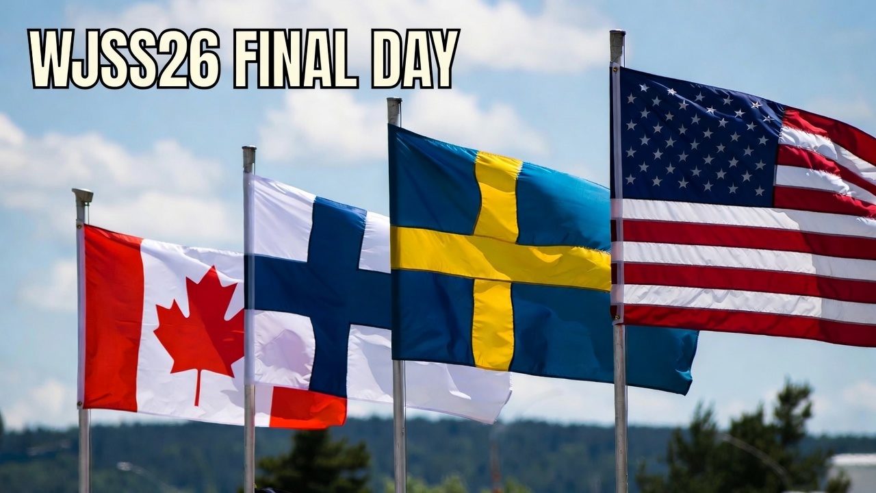 The flags of Canada, Finland, Sweden, and the United States flying together outdoors, labeled 'WJSS26 FINAL DAY', representing the four nations at the World Junior Summer Showcase.